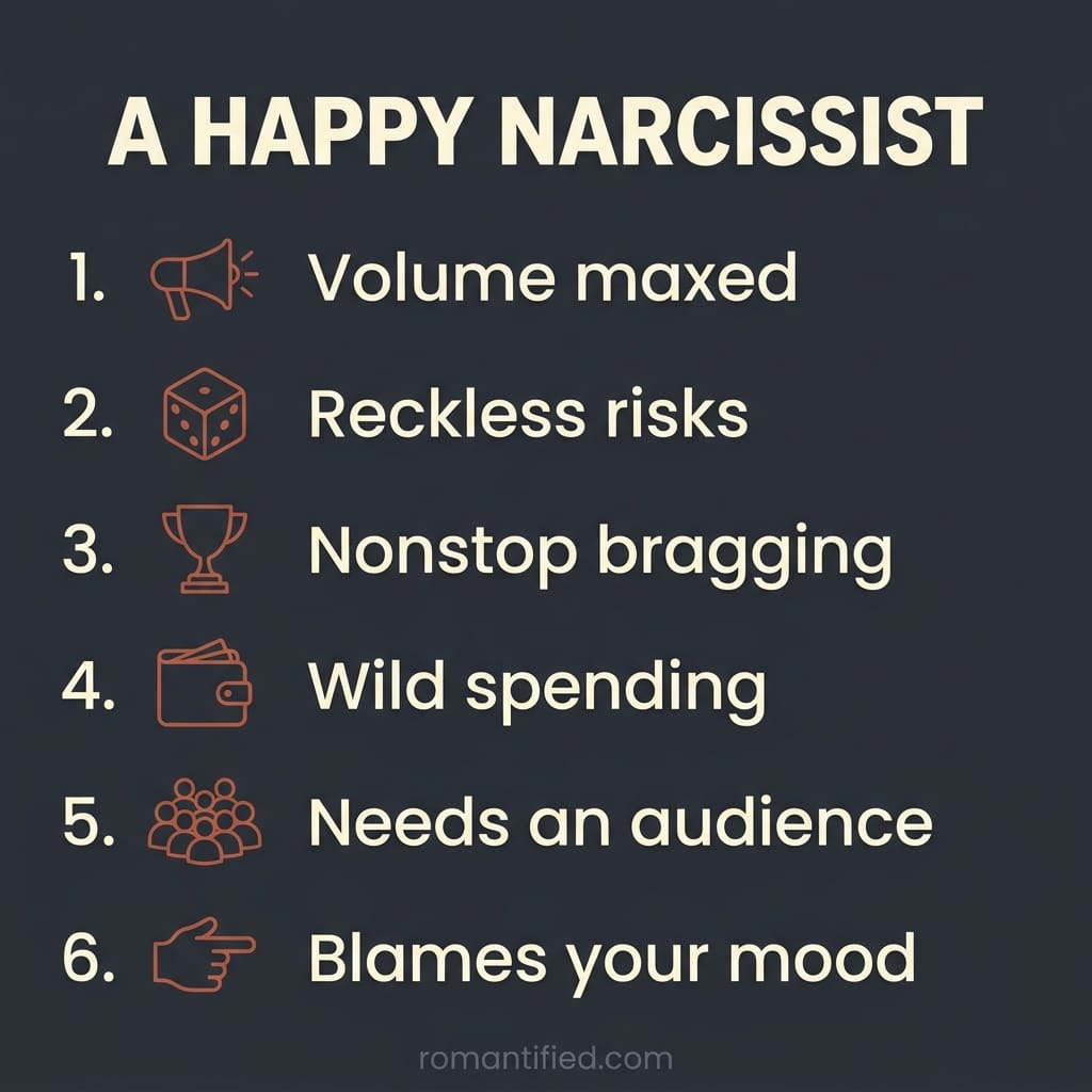 Overview infographic listing the disturbing things a narcissist does when they are happy, shown as small icons with short labels.