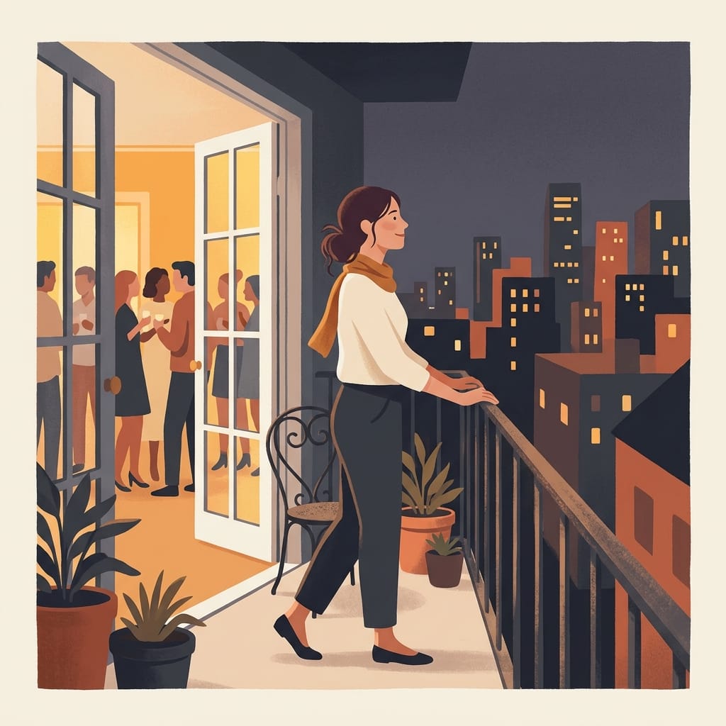 A woman quietly closing a laptop and turning toward warm lamplight at home, calm and self assured, done being an audience.