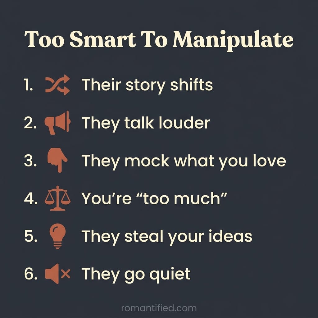 Overview infographic listing the signs you are too smart for a narcissist to manipulate