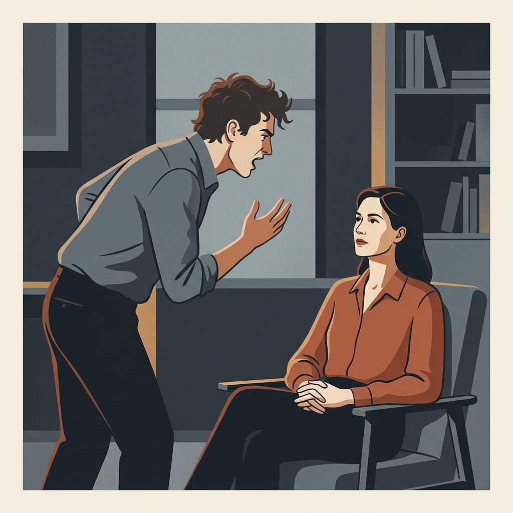 A narcissist talking over a calm, unbothered woman, raising his voice while she stays composed