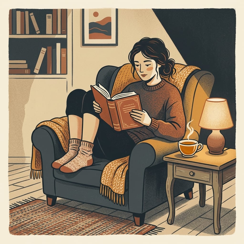 A woman reading calmly by warm lamplight, self assured and at ease, no longer taking the bait