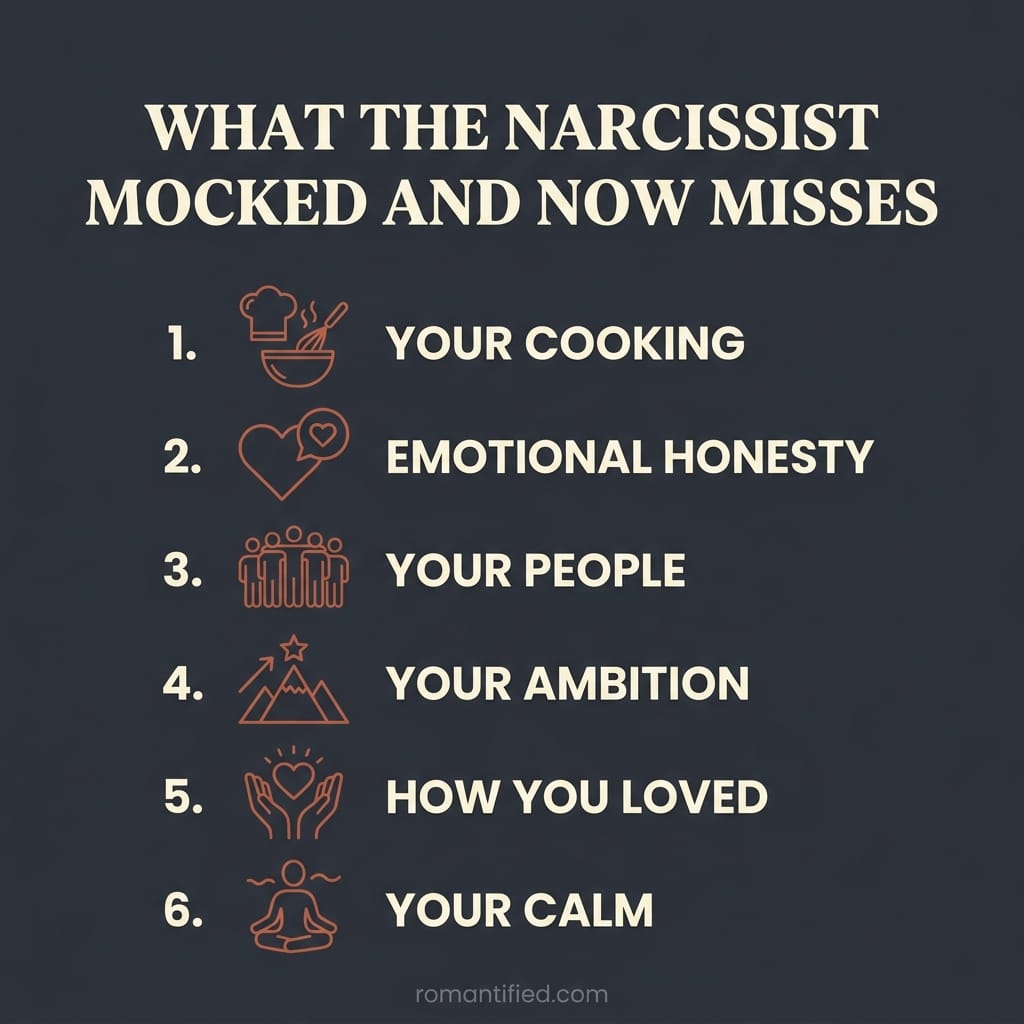 Overview infographic of six things a narcissist mocked and now misses, from your cooking to your calm.
