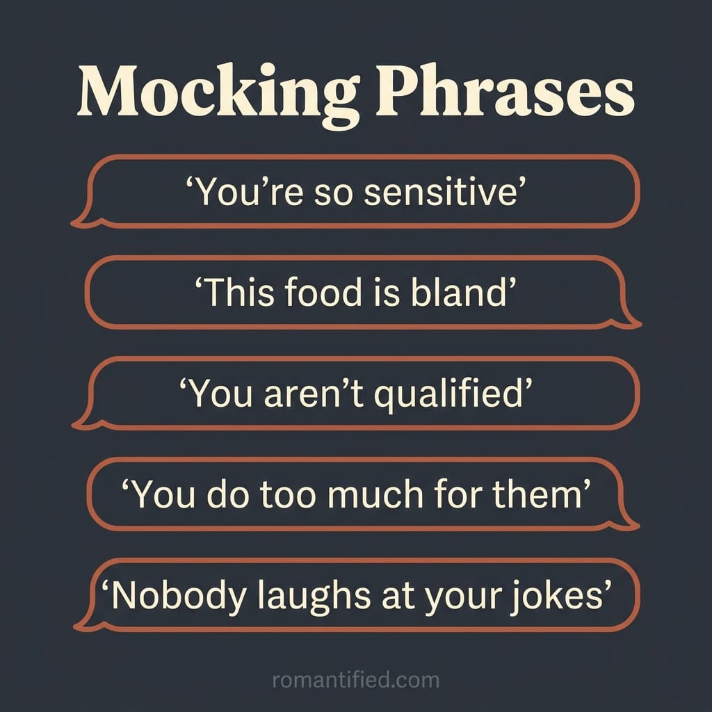 Grid of mocking phrases a narcissist uses, such as You're so sensitive and This food is bland.