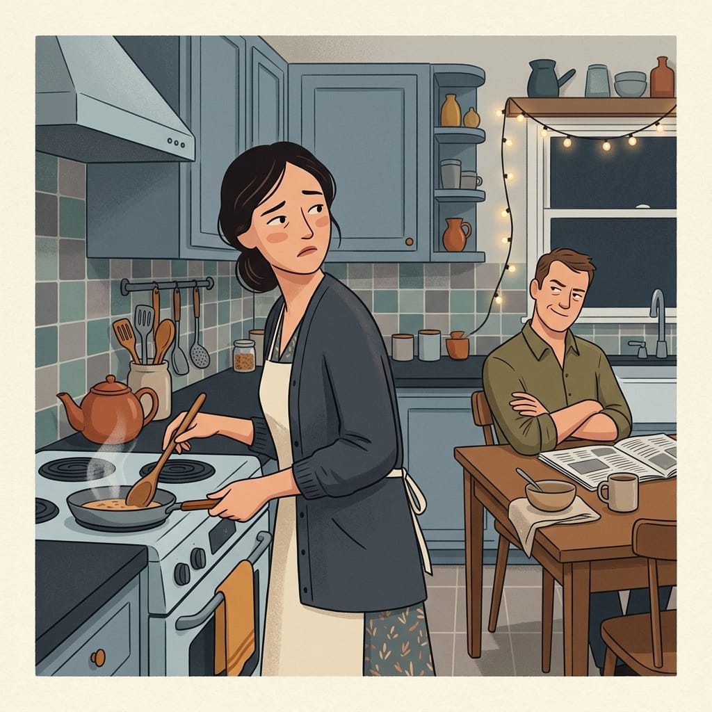 A woman cooking at the stove glancing back at a man who sits smirking with folded arms.