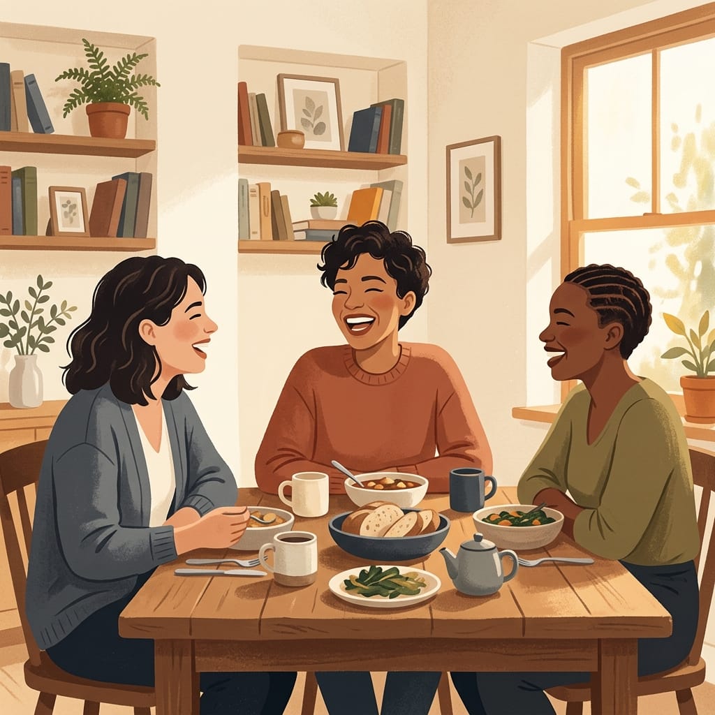 A woman laughing around a sunlit table with two friends over a shared meal.