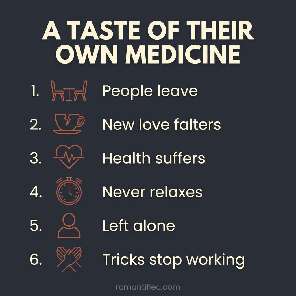 Overview infographic listing the eleven signs a narcissist is getting a taste of their own medicine, shown as small icons with short labels.