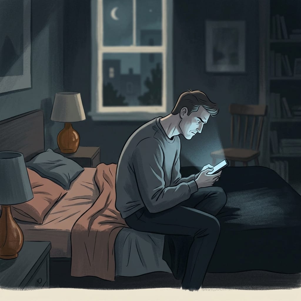 A man sitting alone in the dark late at night, hunched over the glow of his phone, jaw tight and unable to rest.