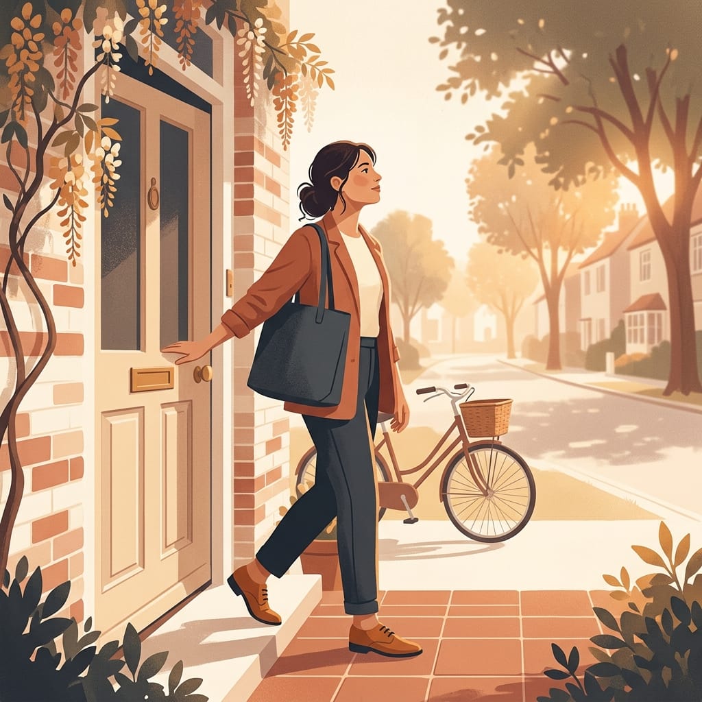 A woman stepping out of her front door into warm morning light, calm and unhurried as she moves on with her day.