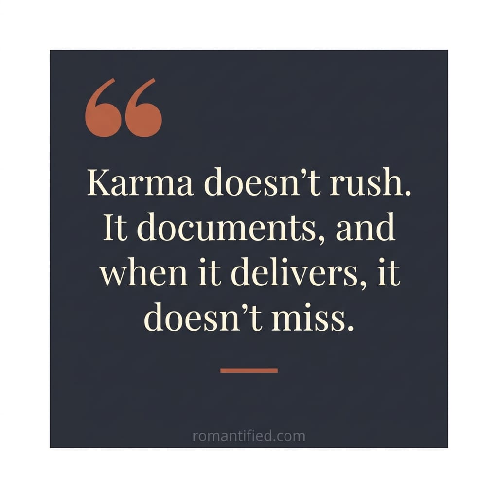 Quote card reading: Karma doesn't rush. It documents, and when it delivers, it doesn't miss.