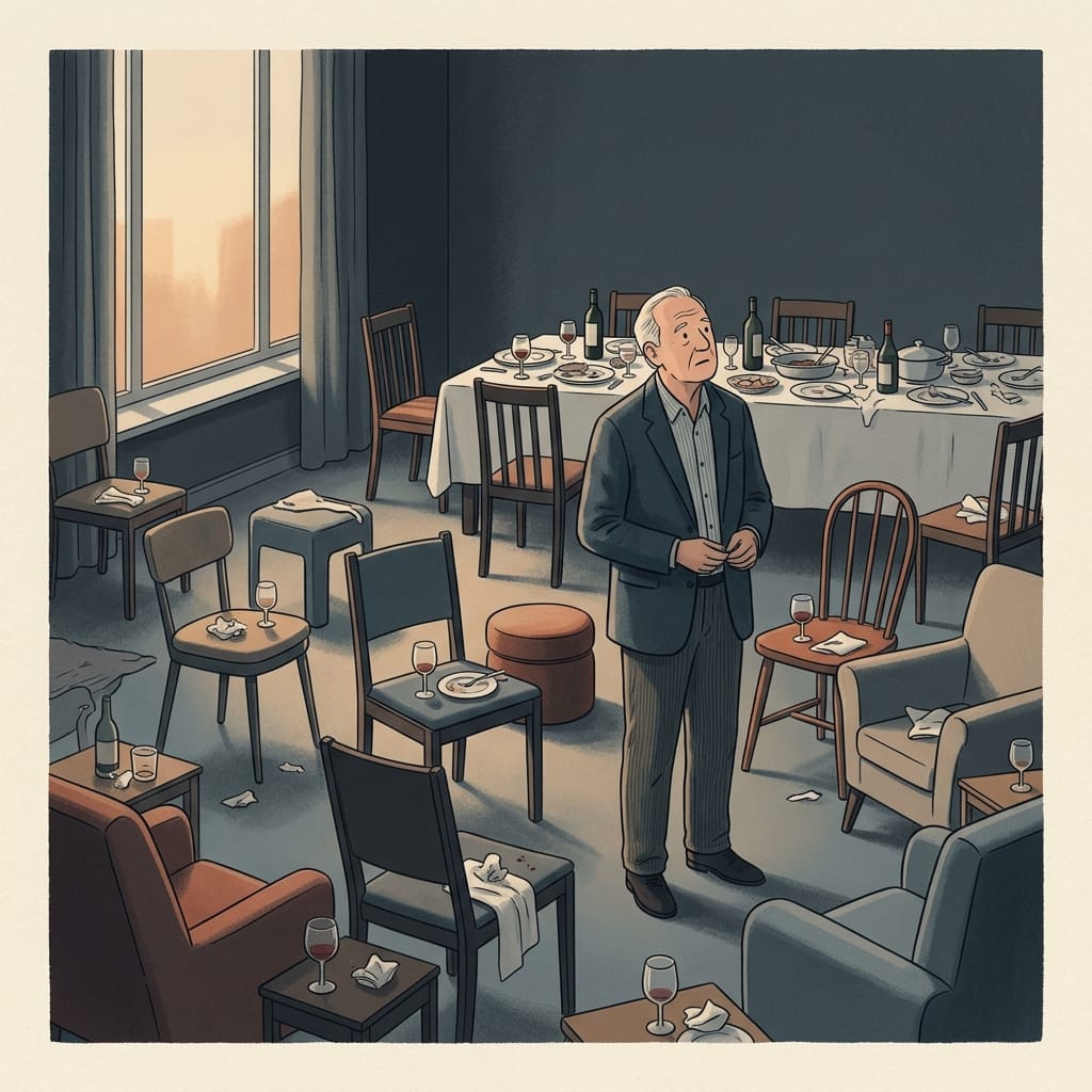 An older narcissist alone in a room that once held an audience