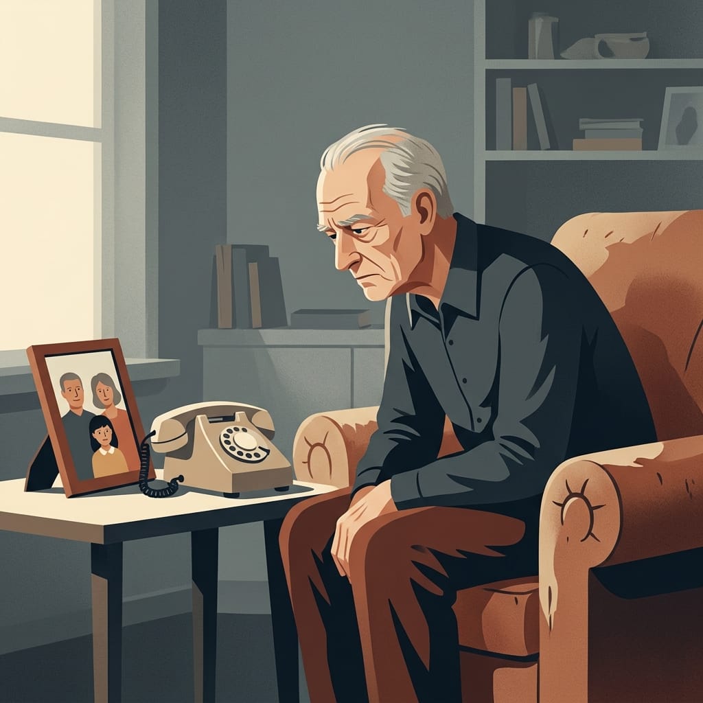 An older narcissist alone beside a silent phone that never rings