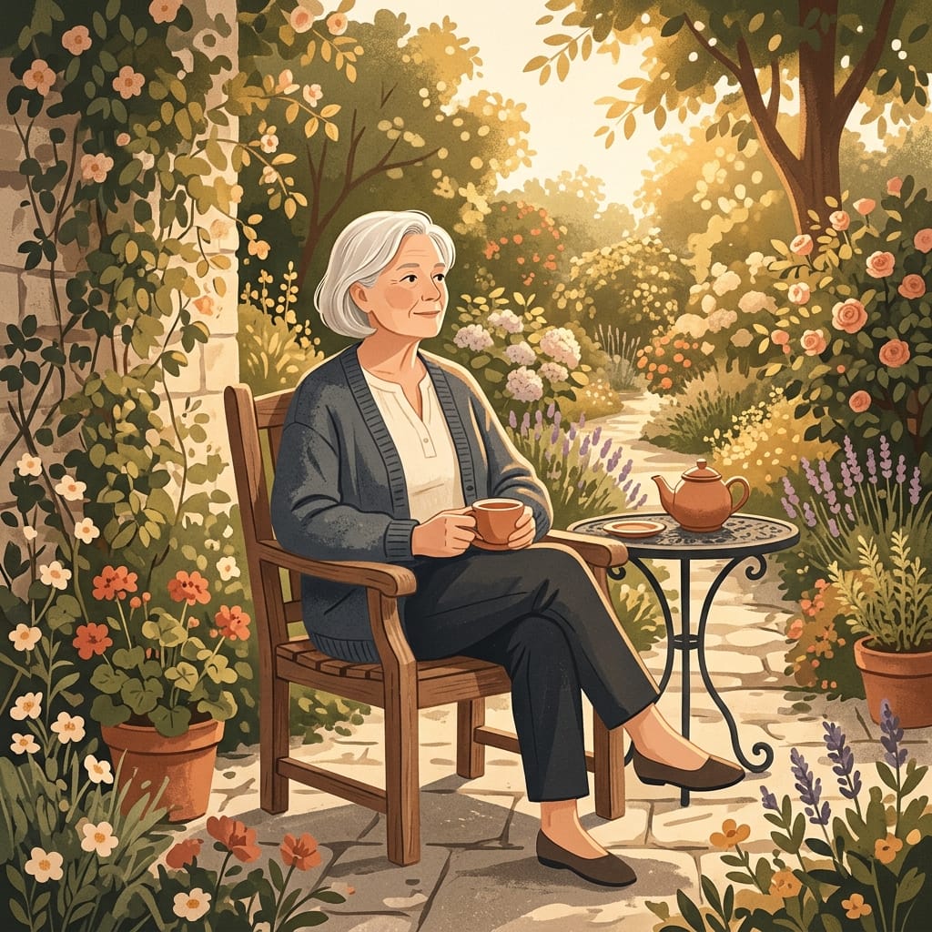 A woman aging gracefully, calm and content in warm light