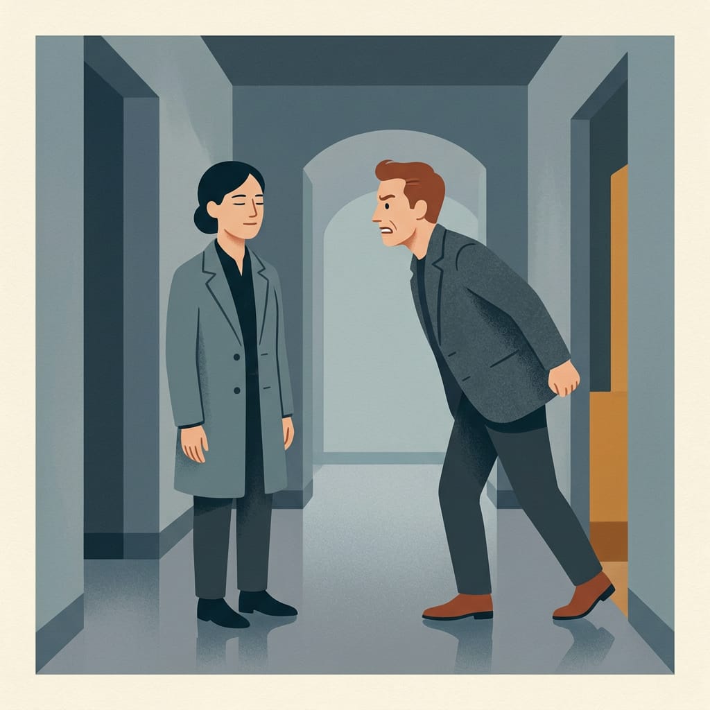 A person standing firm and calmly saying no in a hallway