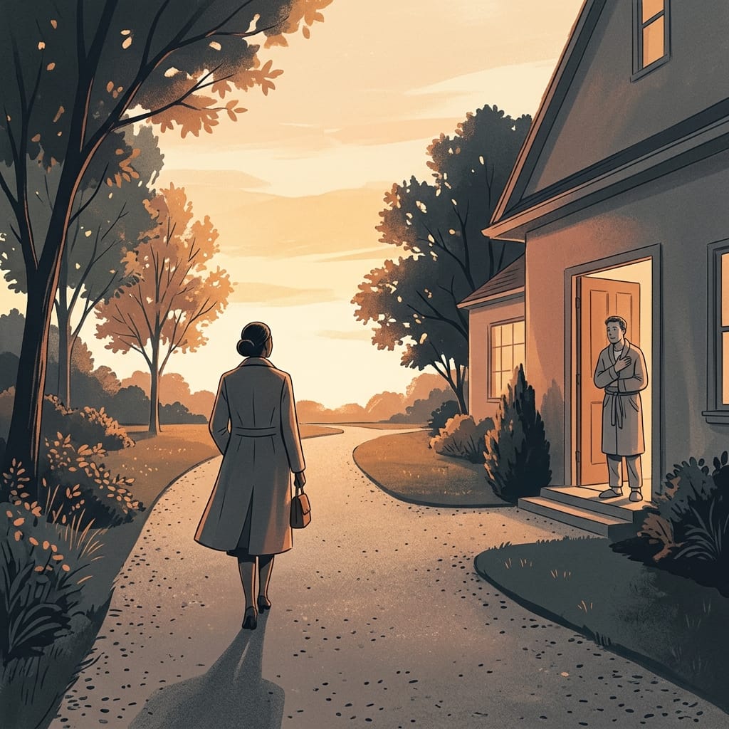 A person walking away down a driveway with dignity at dawn
