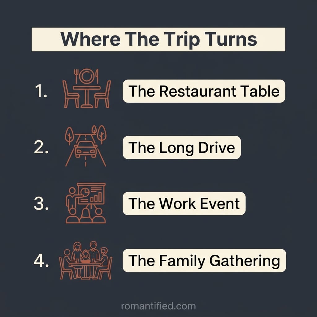 Overview of four places a trip with a narcissist goes wrong