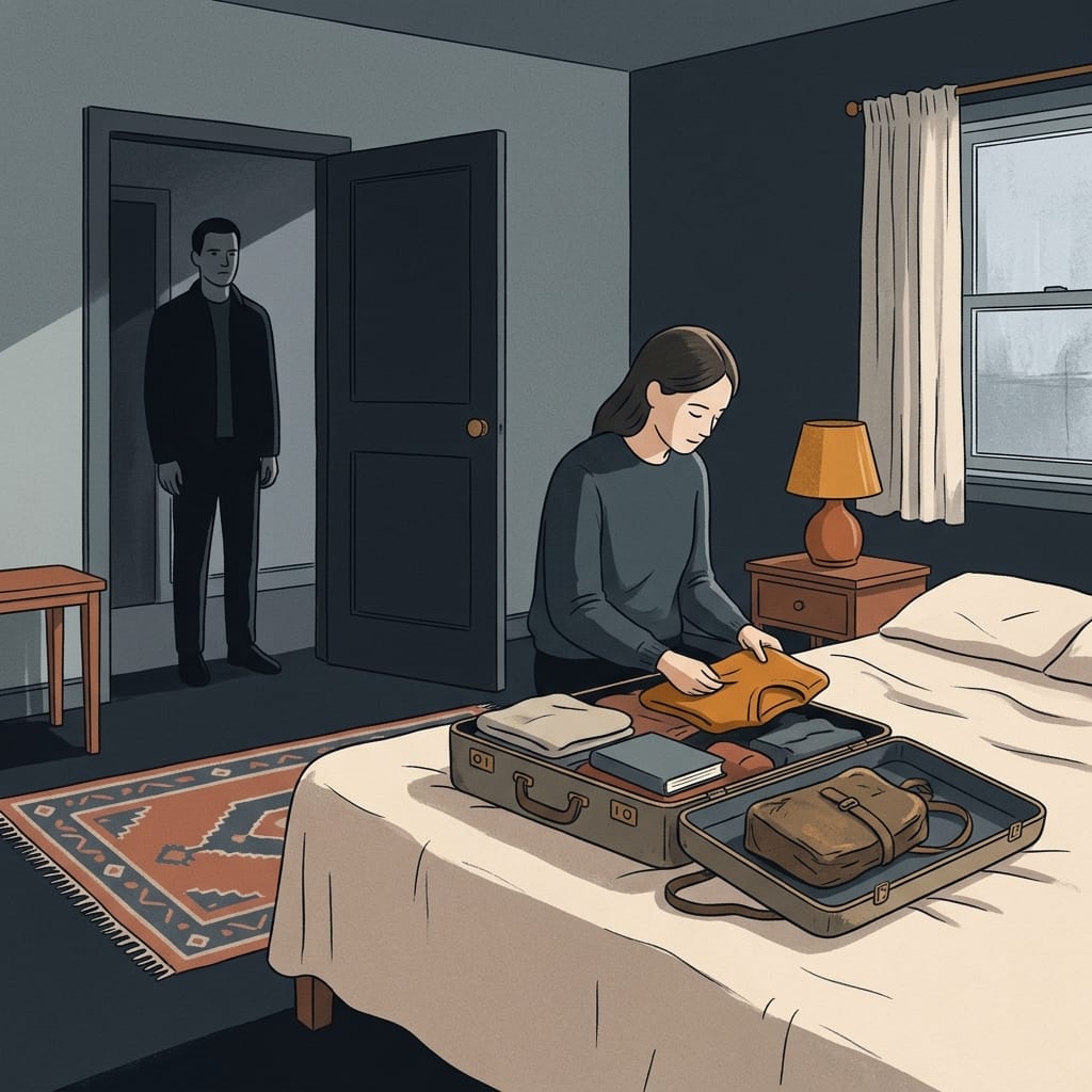 A woman packing a suitcase hopefully while a man watches coldly from a doorway
