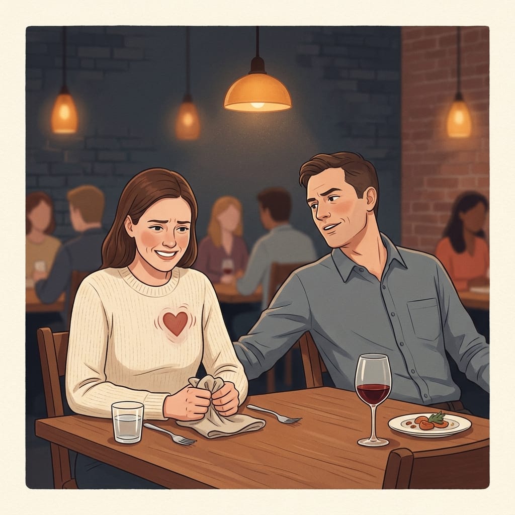 A woman with a forced smile at a restaurant table as a man leans back criticizing her