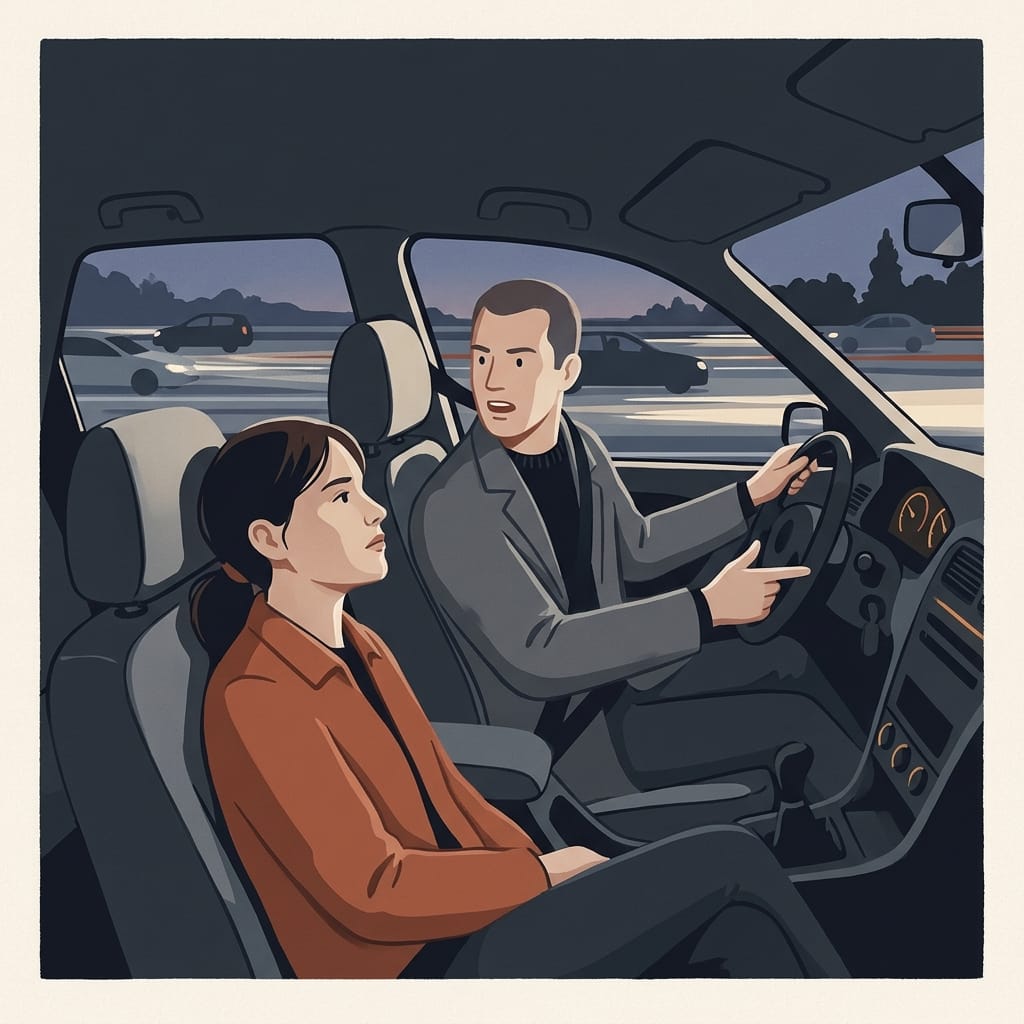 A woman pressed against the car door looking out while a man drives and talks