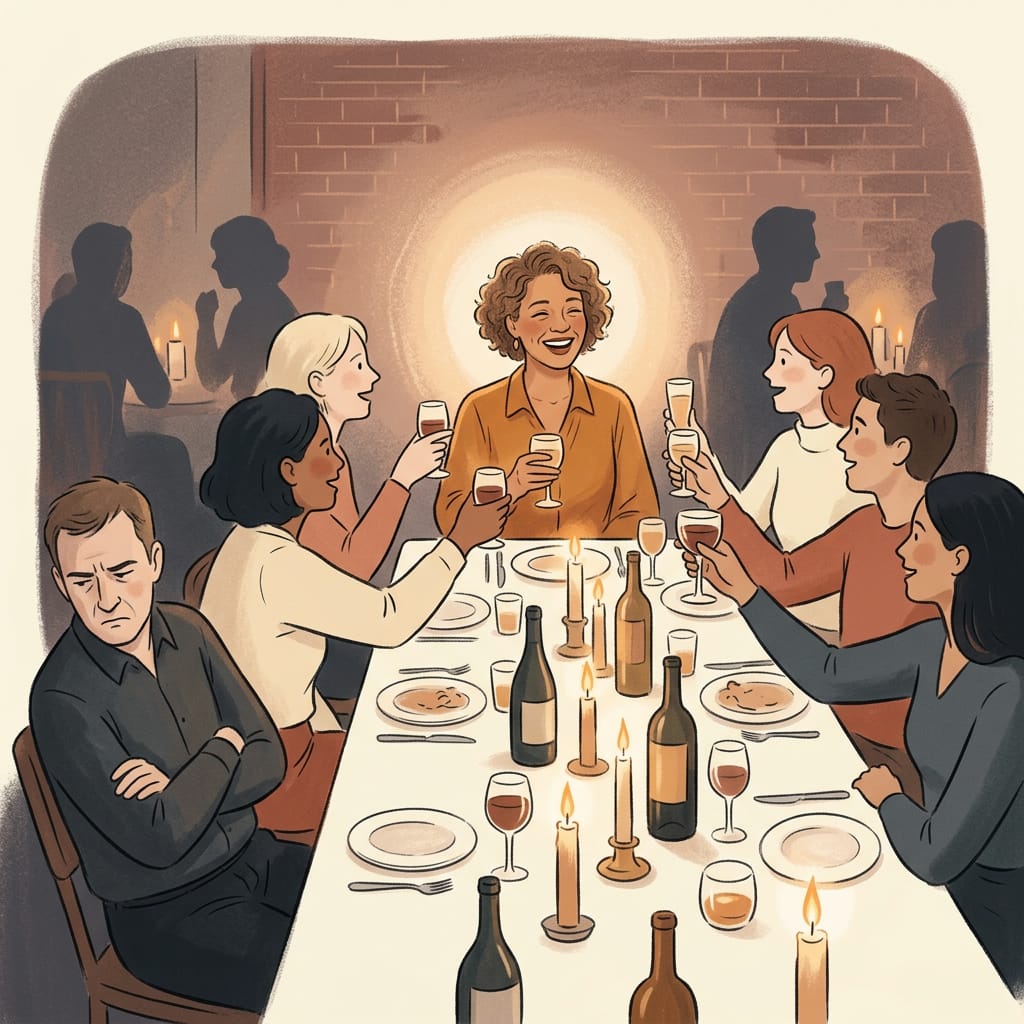 A woman glowing at her own celebration while the narcissist sulks in the corner