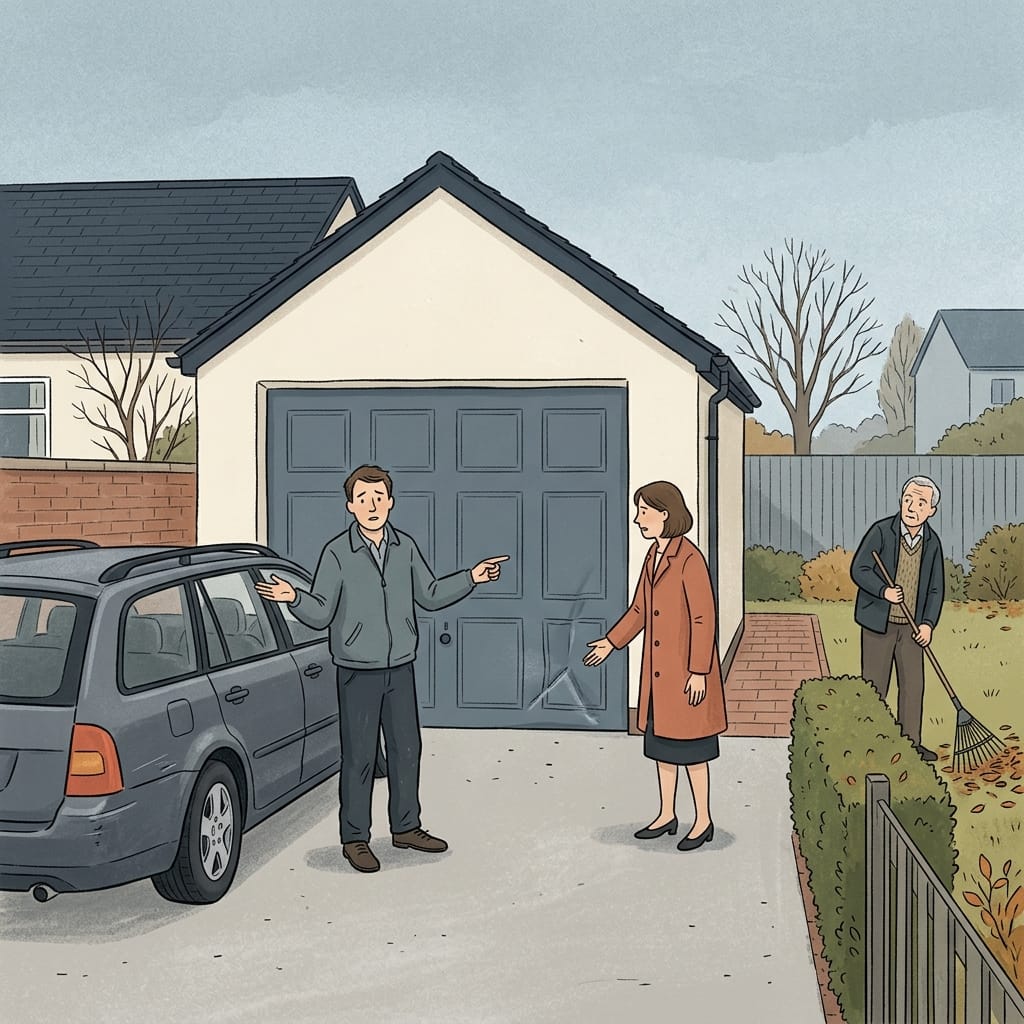 A man by a dented garage door blaming the woman as neighbors glance over