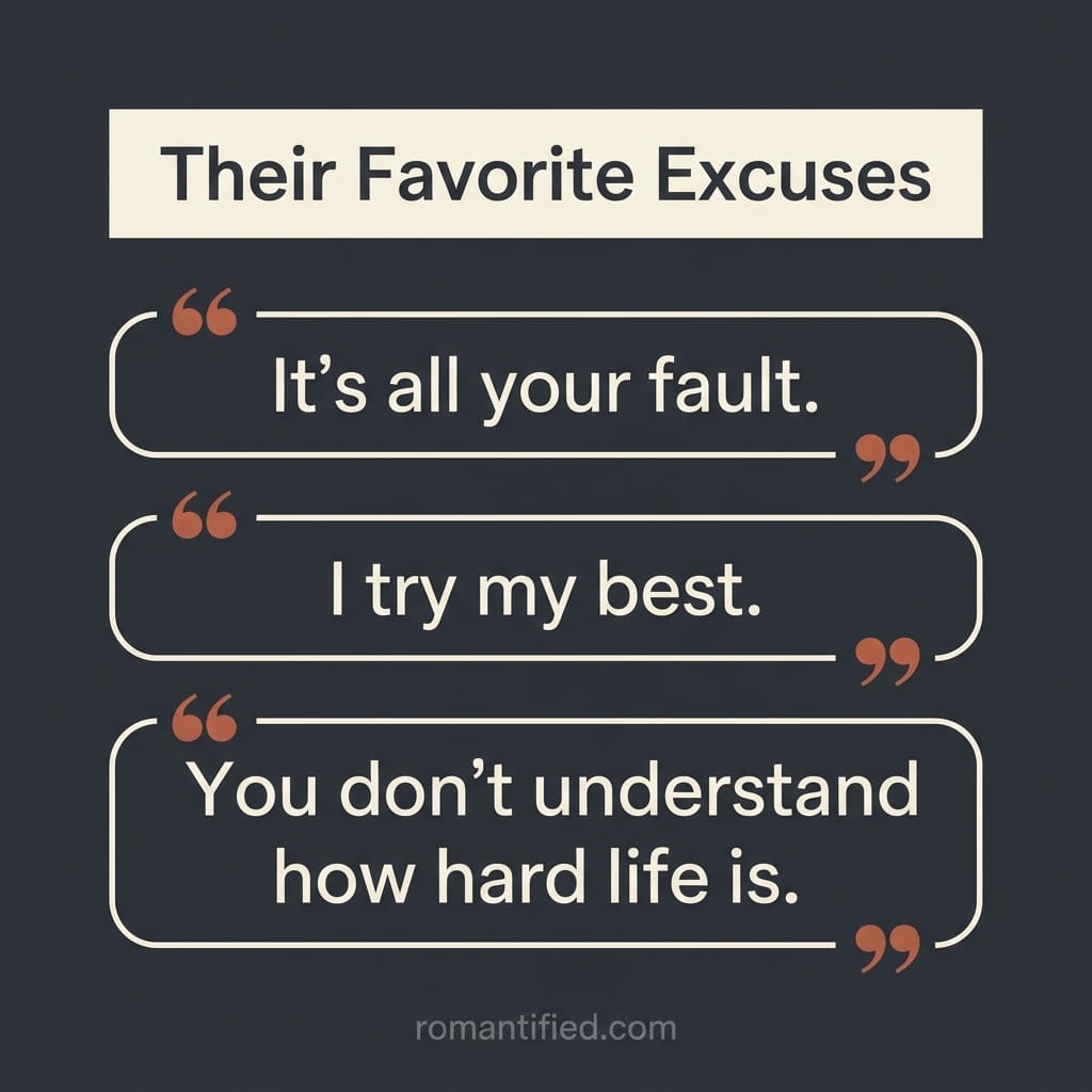 A quote grid of the excuses a narcissist reaches for instead of apologizing