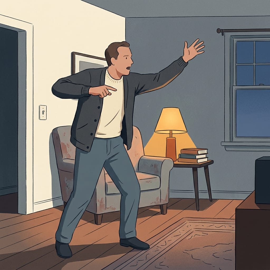 A man alone performing his version of events to an empty room