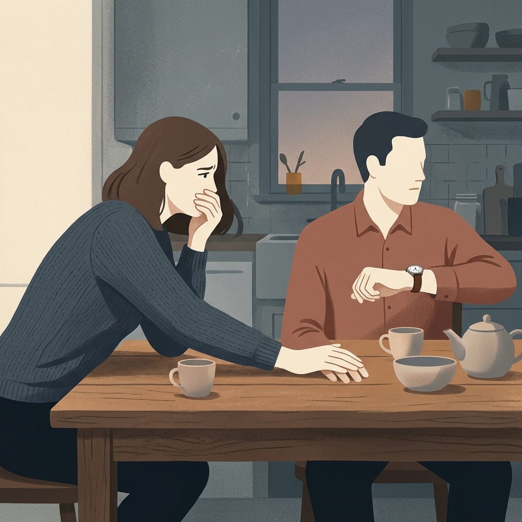 A woman opening up at a kitchen table while a man sits across looking blank
