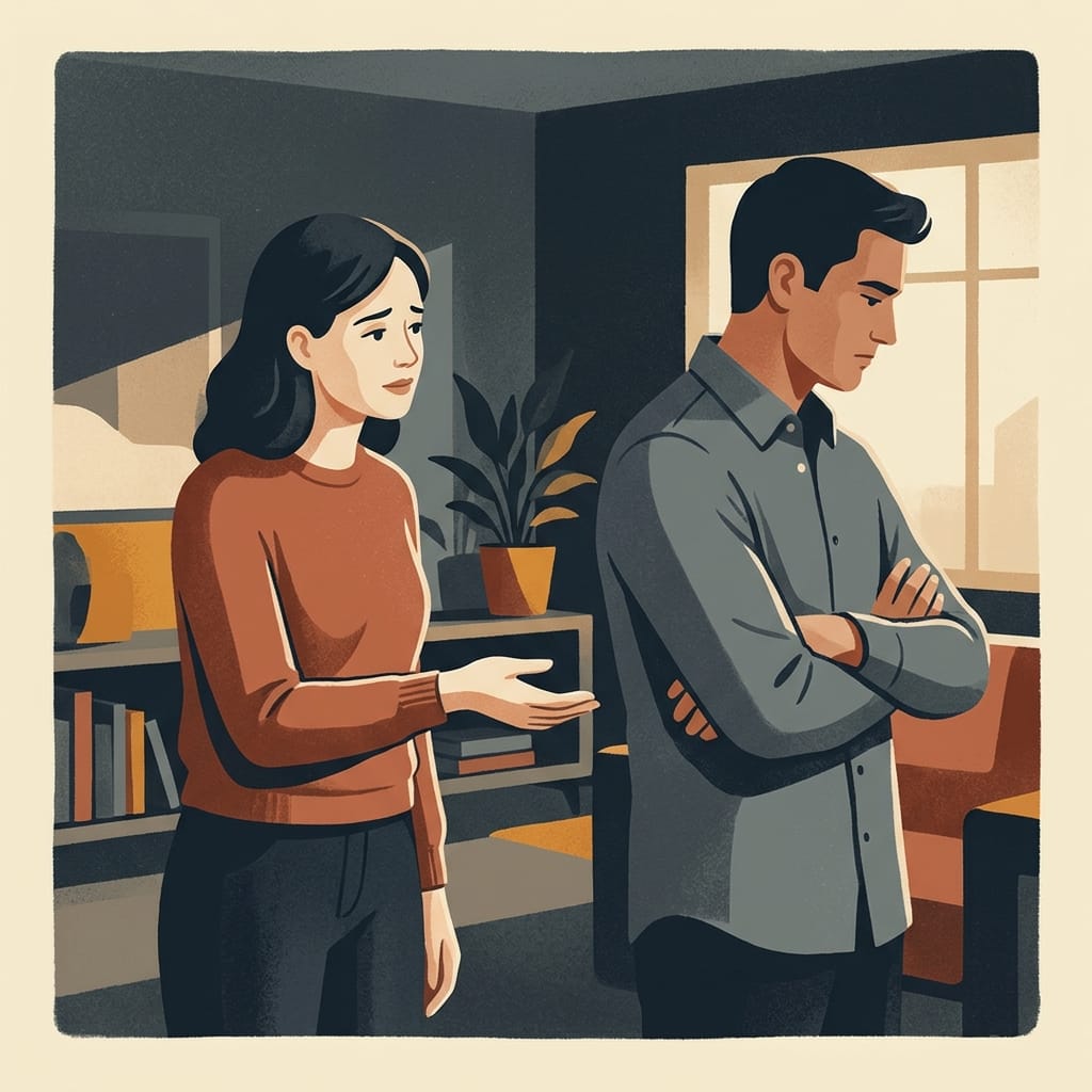 A woman apologizing and reaching out while a man turns away stone-faced