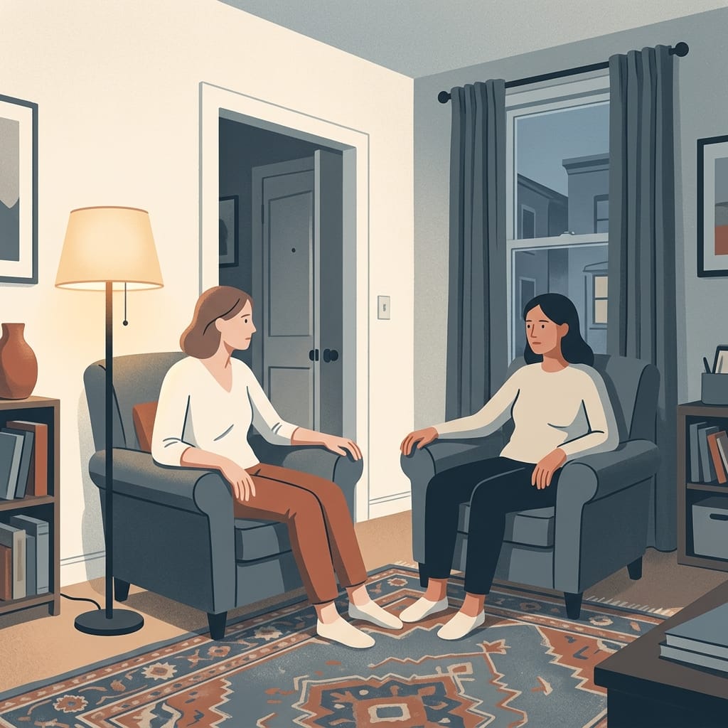 Woman choosing a corner seat facing the room