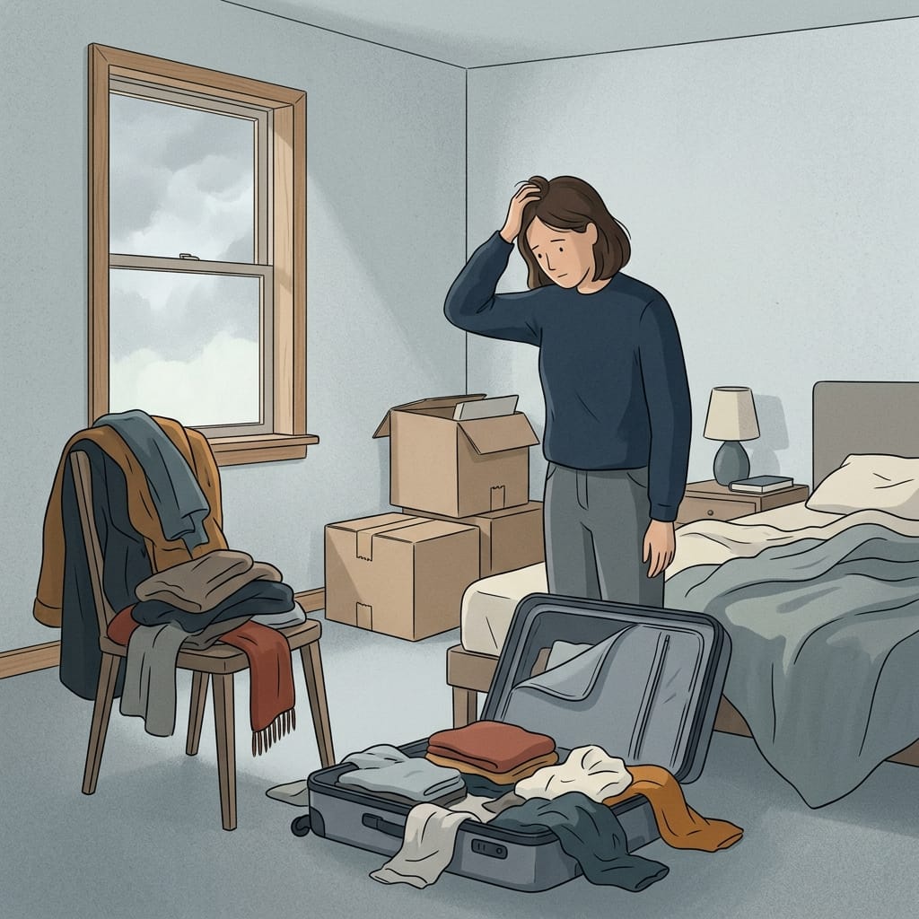 Half unpacked suitcase left open on a bedroom floor