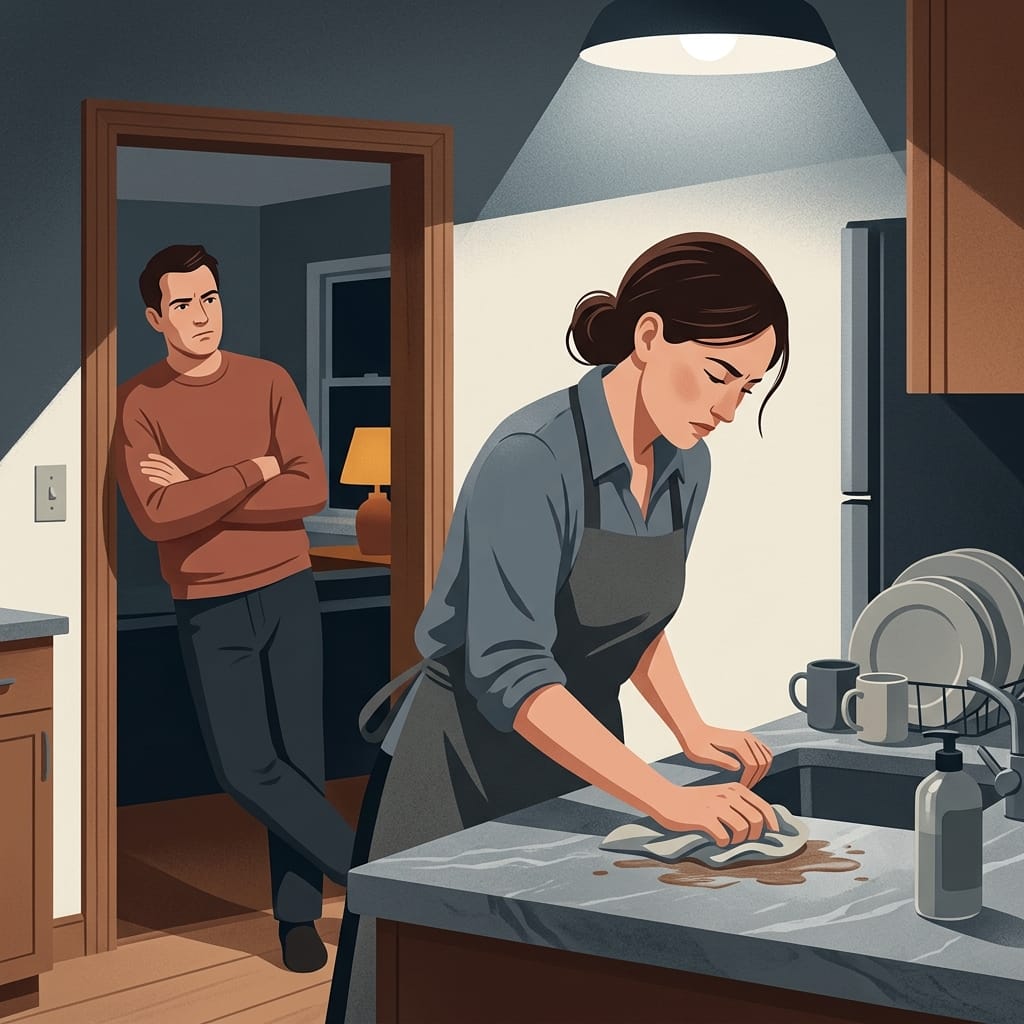 Person scrubbing a kitchen counter while another watches critically