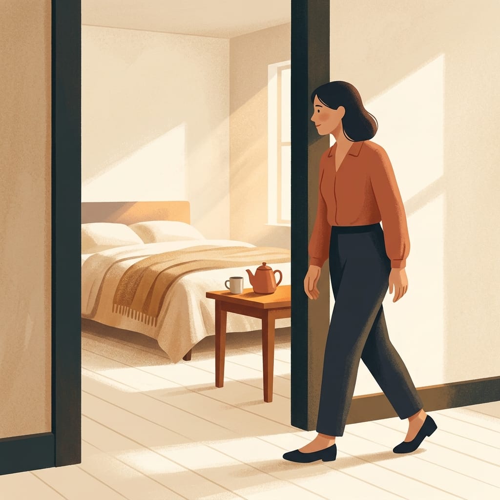 Woman pausing warmly in a doorway bathed in soft light