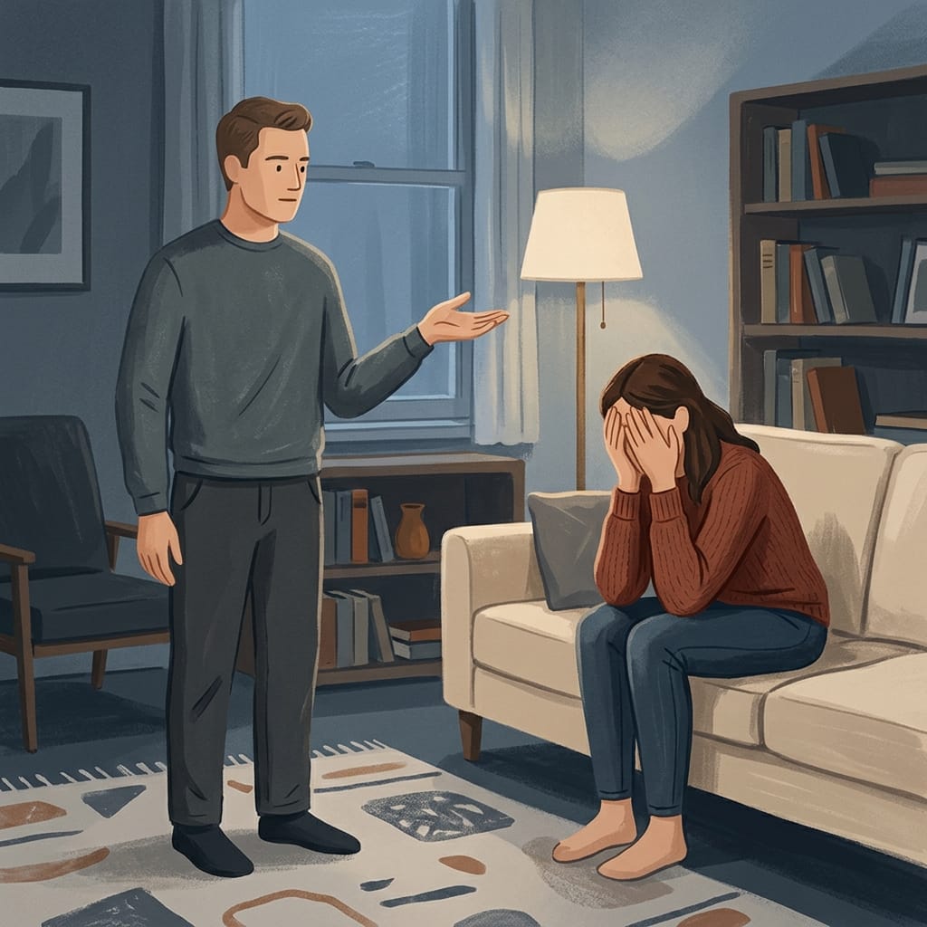 A narcissist gesturing see while the partner sits overwhelmed