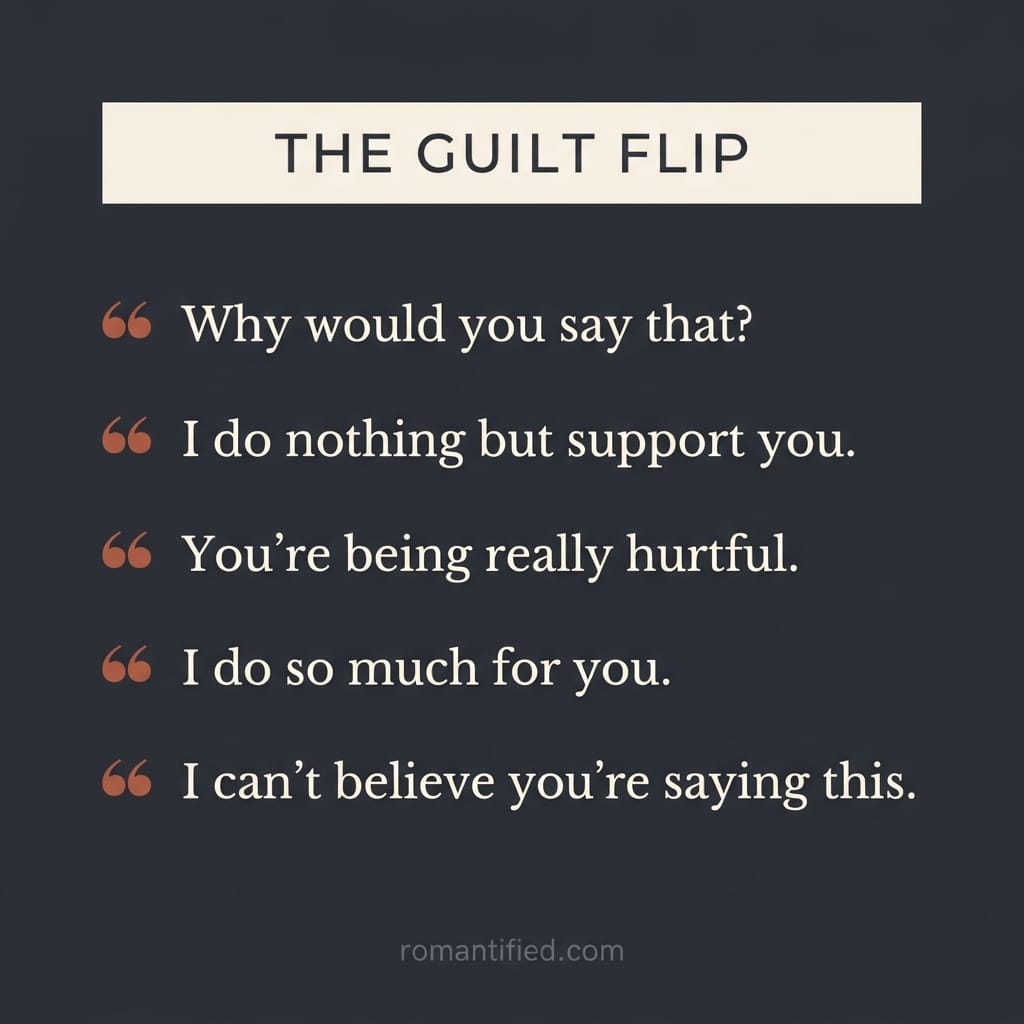 Quote grid of guilt-trip lines a narcissist uses to flip blame