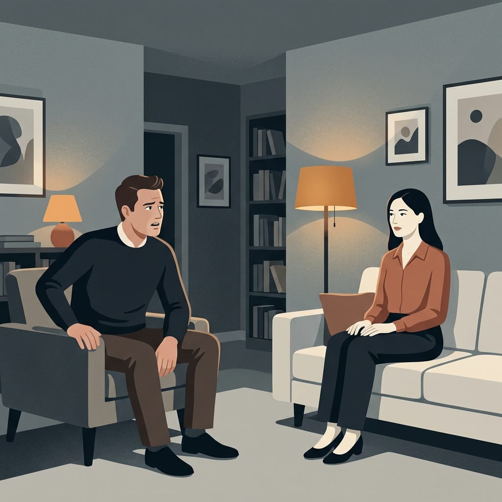 A man looking rattled as a woman stays calm across the room