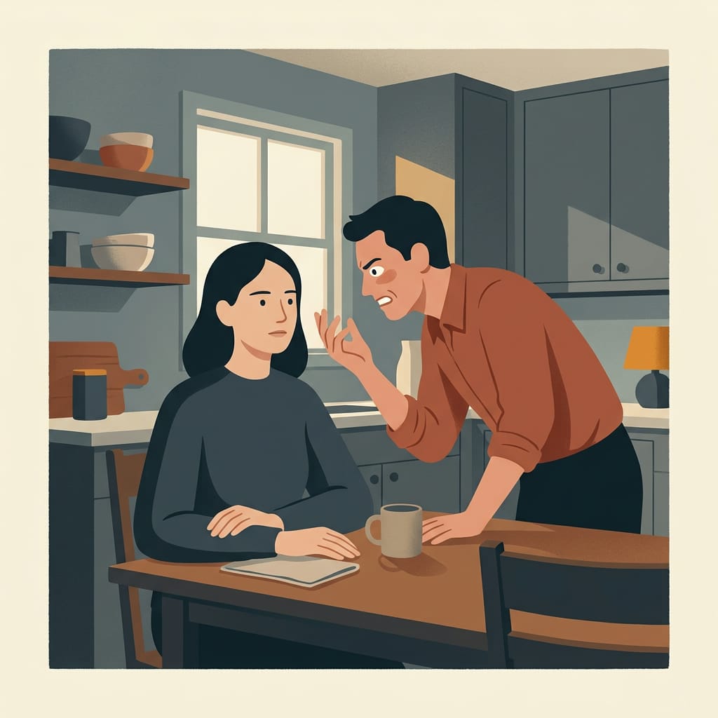 A woman sitting expressionless while a man leans in trying to provoke her