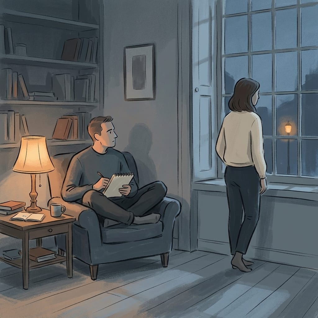 A man quietly watching a woman who has turned away to reclaim her space