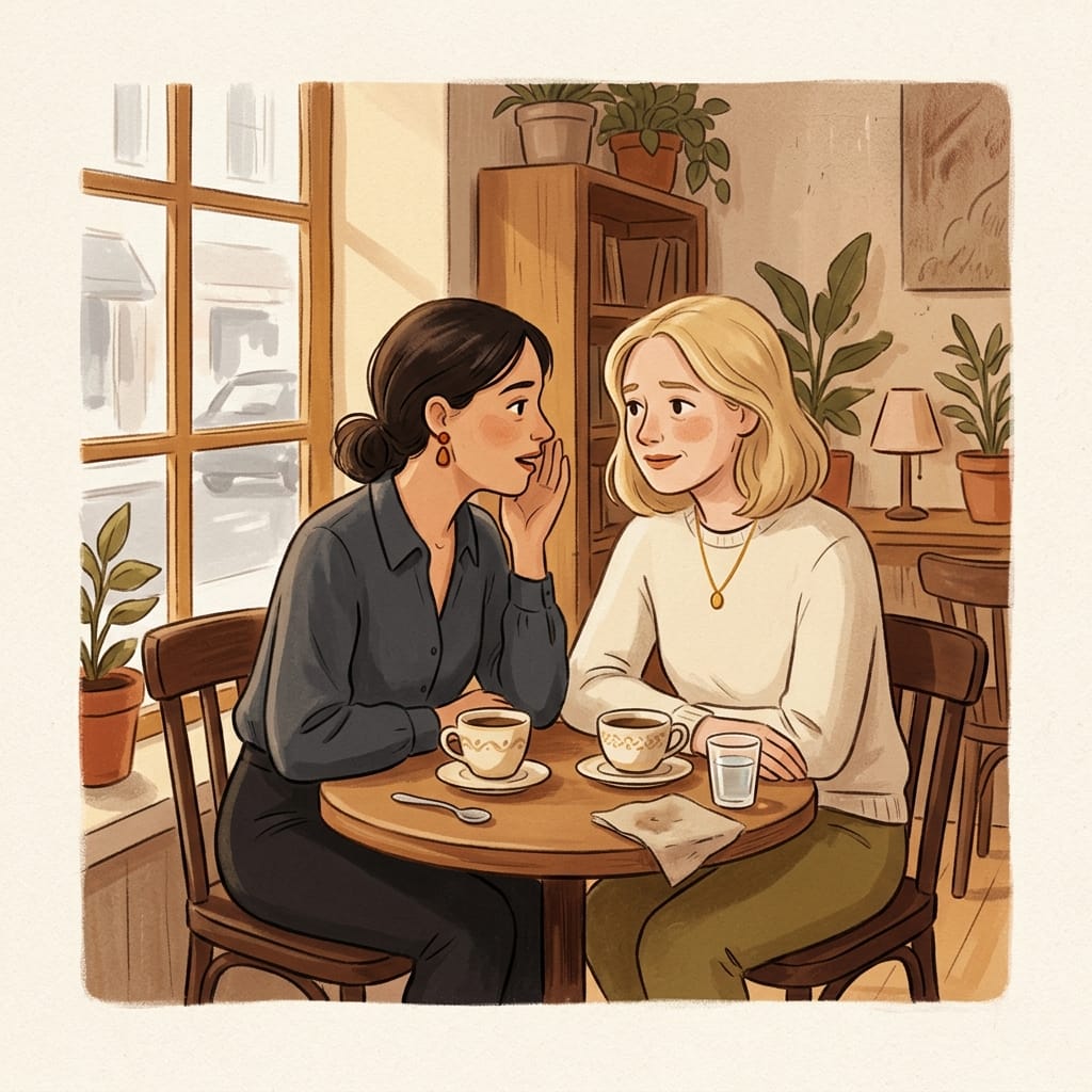 Two women talking warmly over coffee as one confides in the other