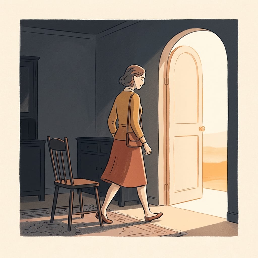 A woman calmly walking toward a bright doorway, leaving a room behind her