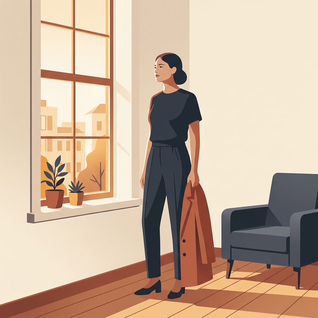 A woman standing tall and calm, choosing herself in a warm sunlit room