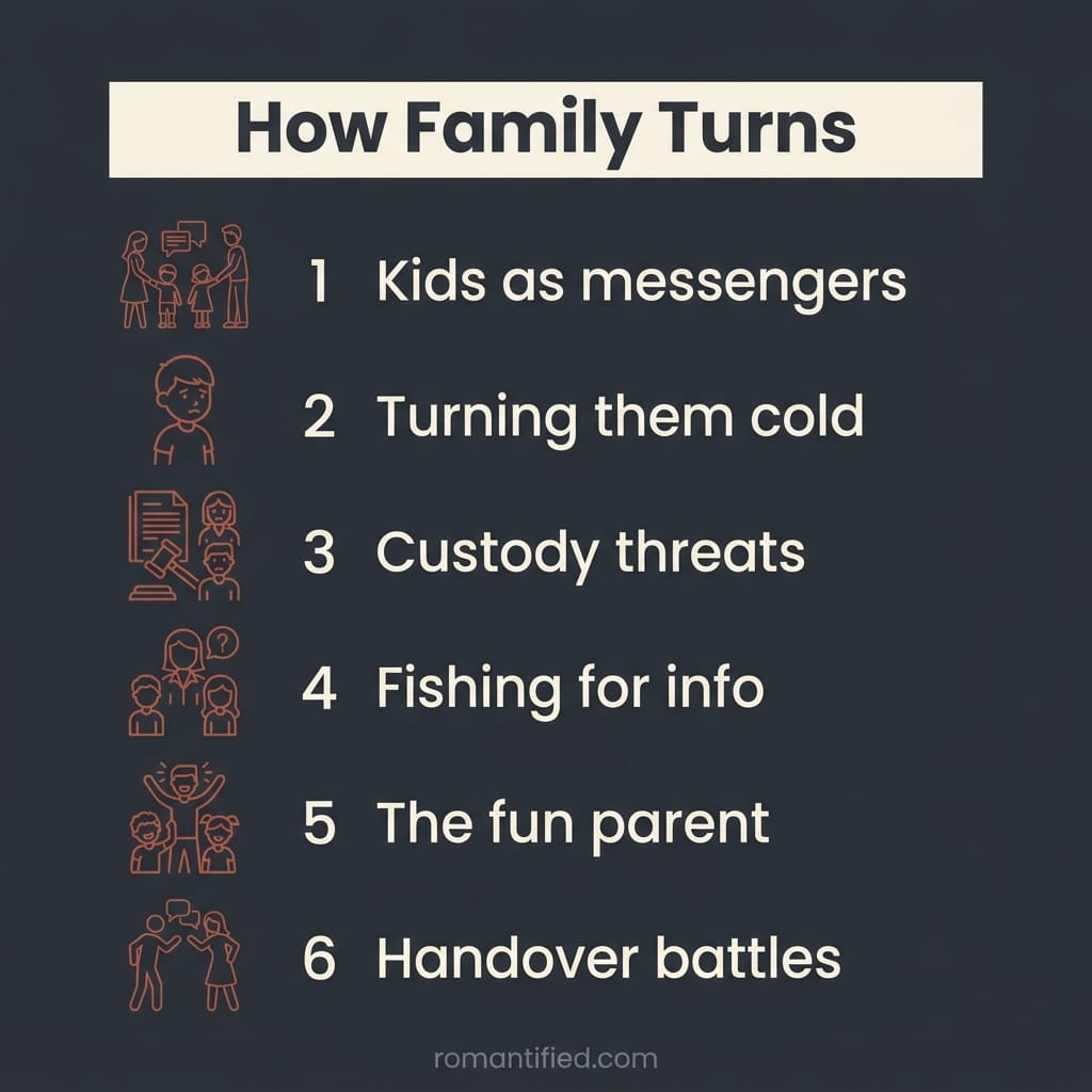 Overview infographic of six ways narcissists weaponize children