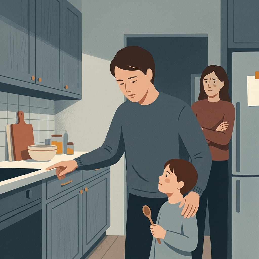 A narcissist calmly instructing a small child in the kitchen