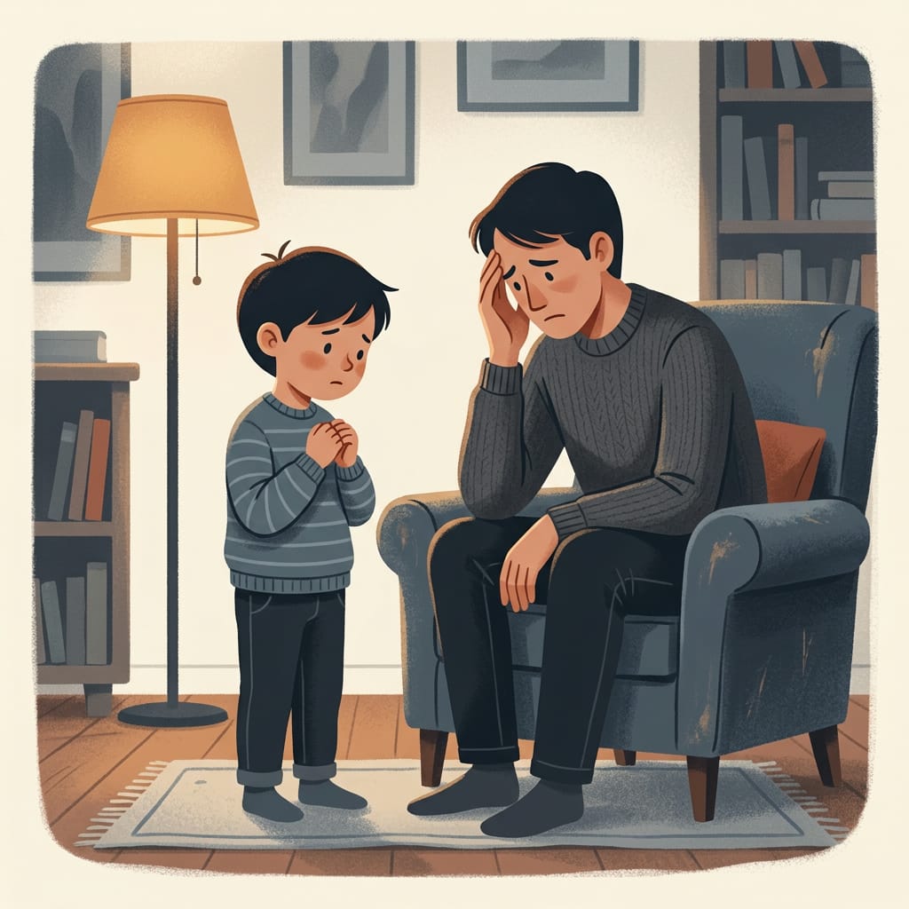 A small child nervously delivering a message to a parent