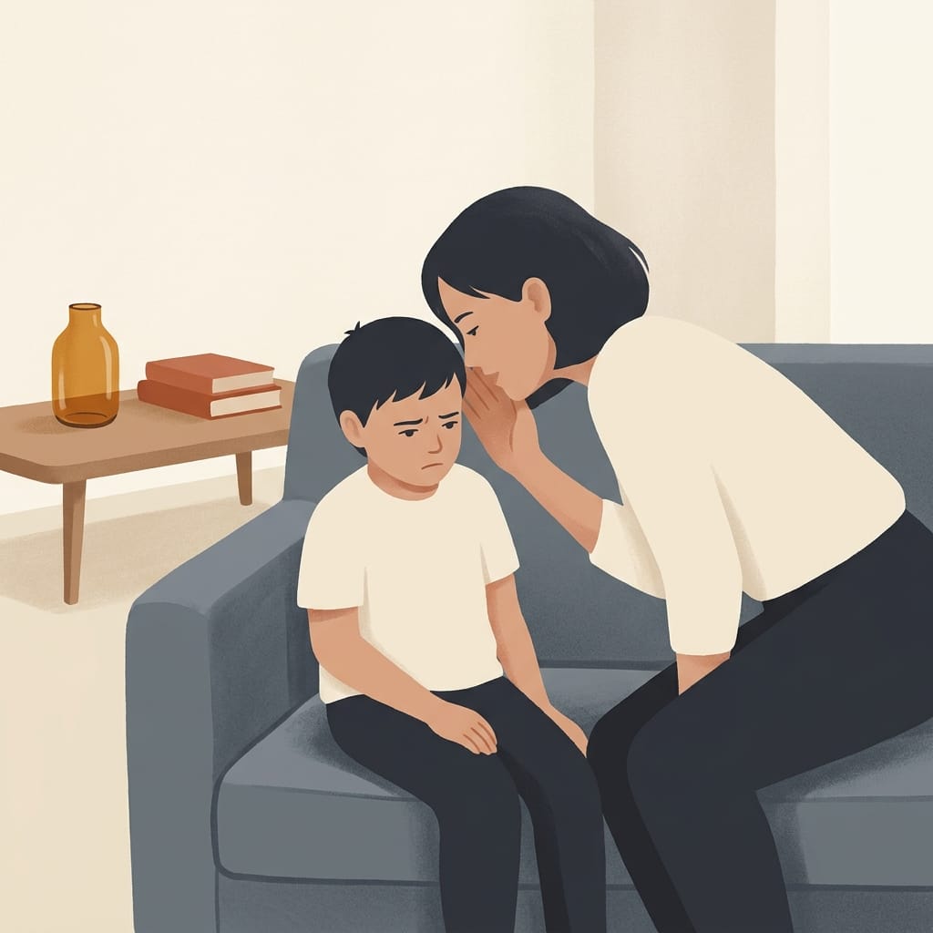 A parent leaning down to plant doubt in a child on the sofa