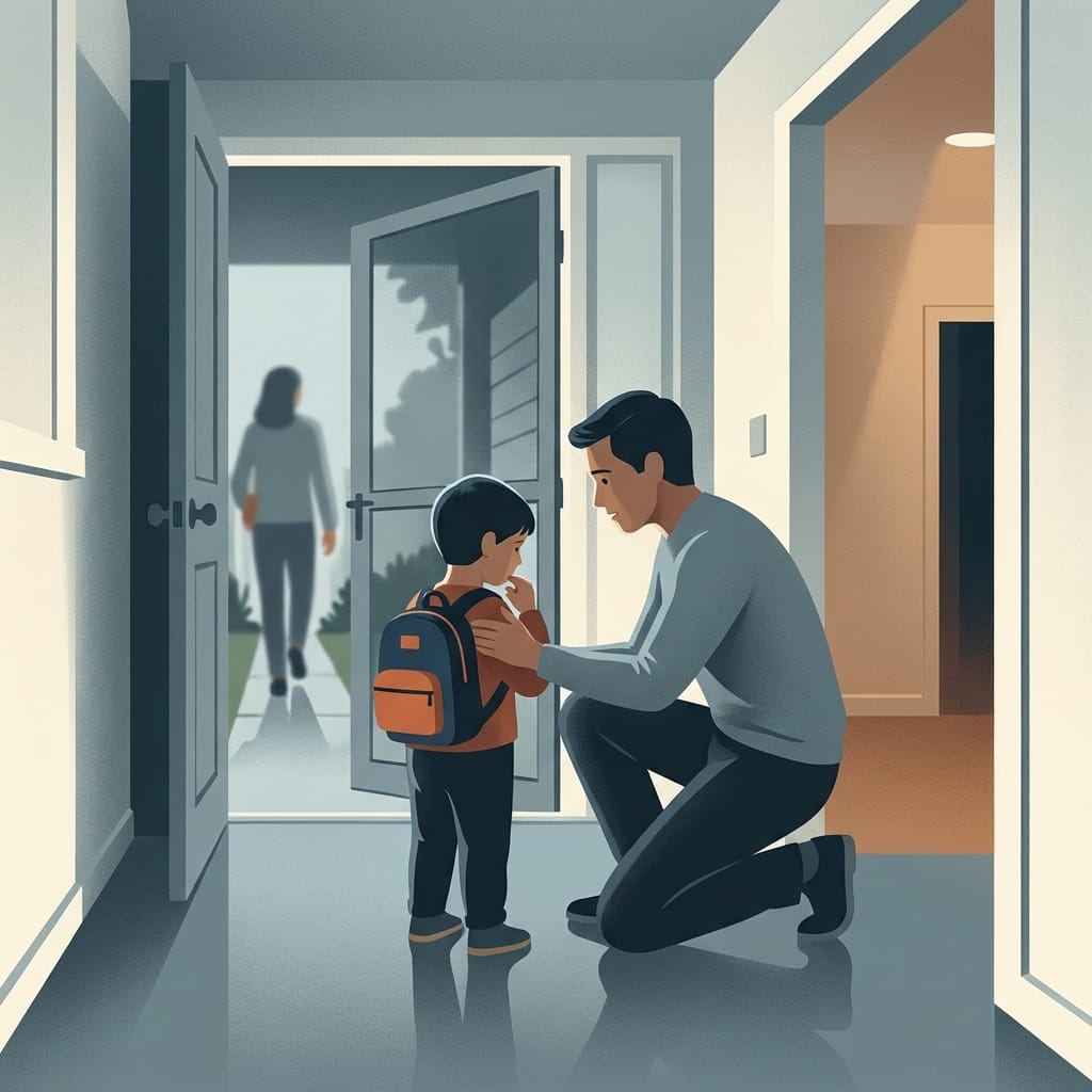 A parent kneeling to question a child during a handover