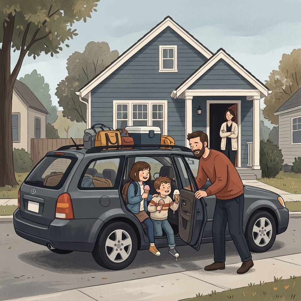 Two excited children climbing into a car for a weekend with the fun parent