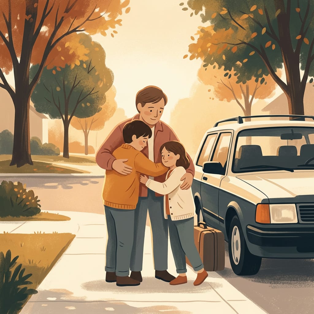 A parent hugging their children goodbye at a calm handover