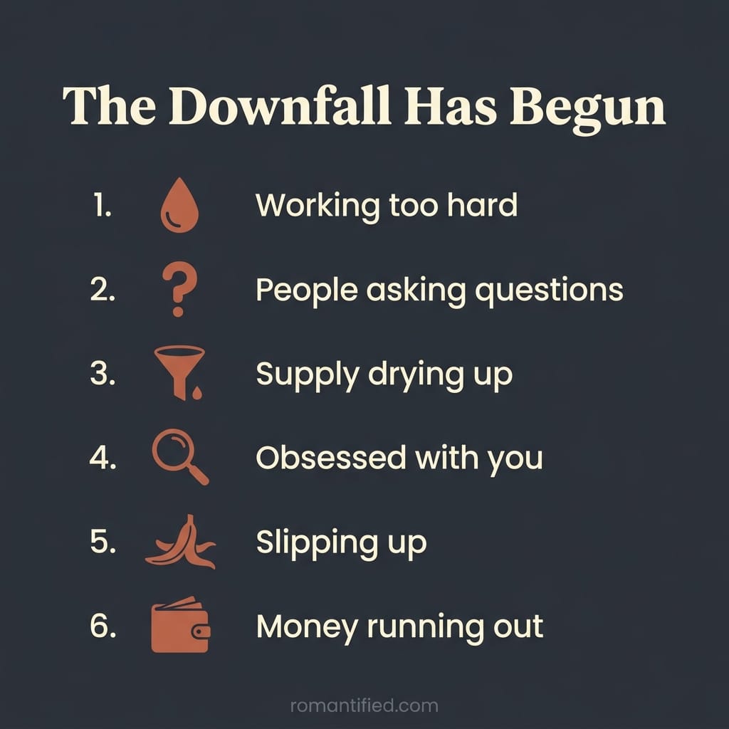Overview infographic listing the biggest signs a narcissist's downfall has already begun