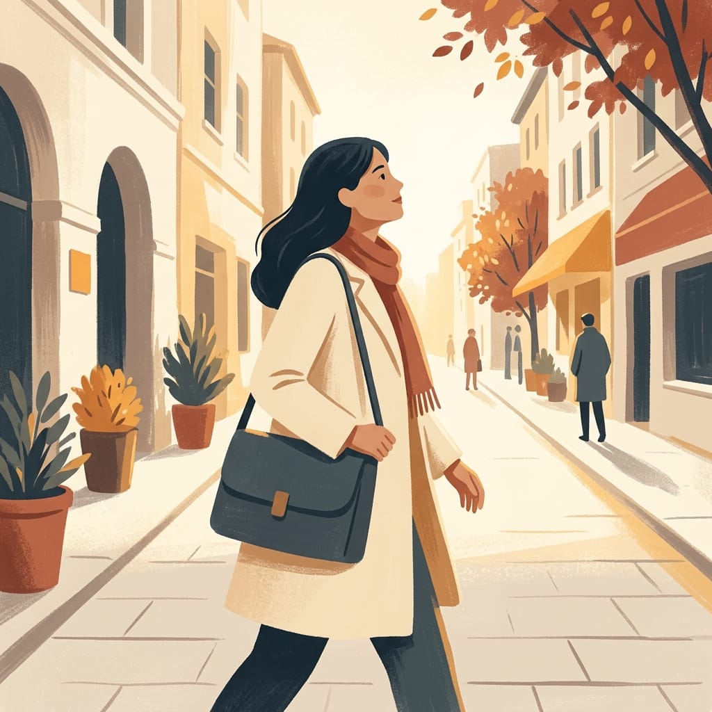 A woman walking forward into warm daylight, calm and free, leaving the narcissist behind her