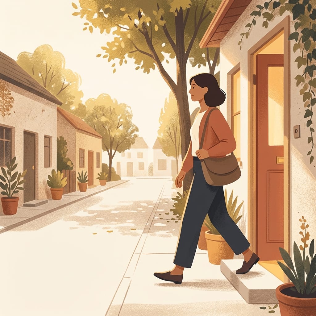 A woman walking out into warm morning light unbothered